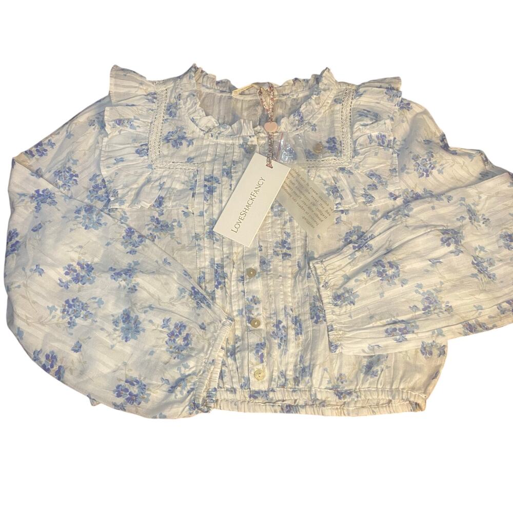 NWT LoveShackFancy‎ white blue cottage ruffle long sleeve cropped shirt SIZE 12